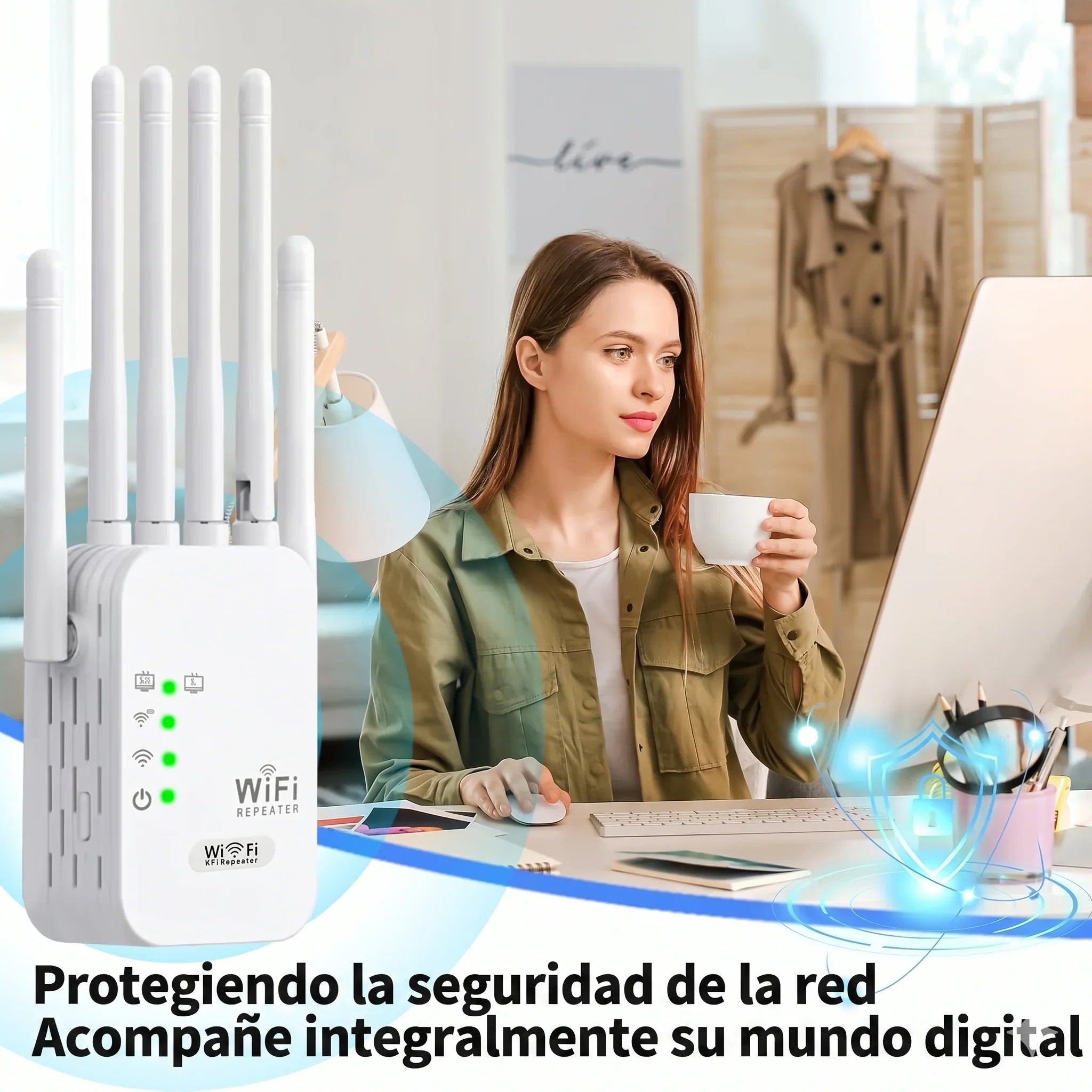 Repetidor y amplificador WiFi de doble banda de 1200M (5GHz + 2.4GHz) · 6 antenas · Cobertura de 360°
