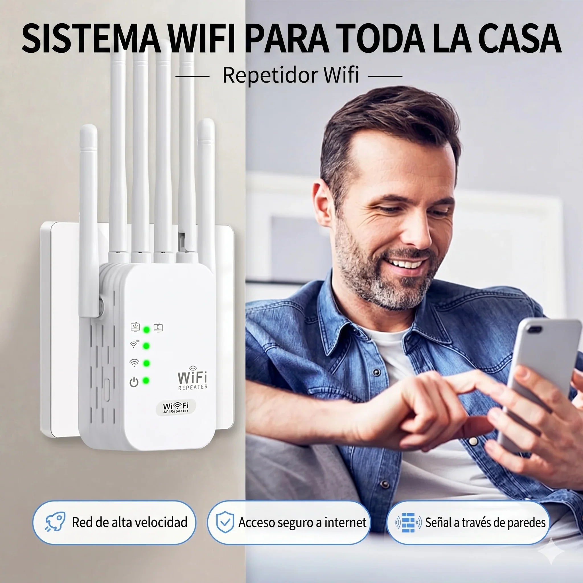 Repetidor y amplificador WiFi de doble banda de 1200M (5GHz + 2.4GHz) · 6 antenas · Cobertura de 360°